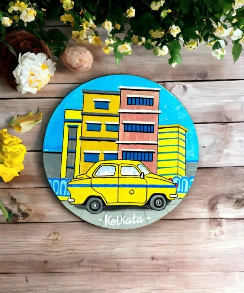 Yellow Taxi #CityofJoy Wooden Art Decor Plate | Home Decor | Wall Hanging | 8 inch #CityScape, #CityScape Decor Plates, Art Culture Decor Plates, Artwork, Bengali Art Culture Decor Plates, City of Joy, City of Joy Decor Plates, Decor Plates, Decorative Items, Decorative Plates, Decorative Wall Art, Drawing Room, Eco-Friendly, Handcrafted, Handicrafts, Handmade, Handpainted, Home Decor, Home Interior Decoration, Kolkata, Living Room, Paintings, Wall Art, Wall Decor, Wall Hanging, Wall Plates, Wooden Decor Plates