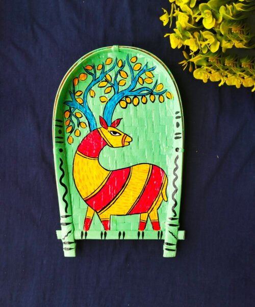 Gond Art Decorative Bamboo Kula - Deer Art | Home Decor | Handpainted | Wall Hanging Handicraft | 8 inch