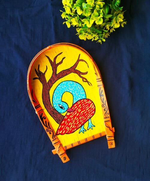 Gond Art Decorative Bamboo Kula - Peacock Art | Home Decor | Handpainted | Wall Hanging Handicraft | 8 inch