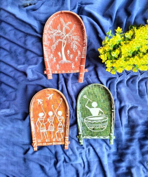 Special Warli Art | Tribal Village Art | Decorative Bamboo Kula | Home Decor | Handpainted | Wall Hanging Handicraft | 8 inch | Combo Set of 3