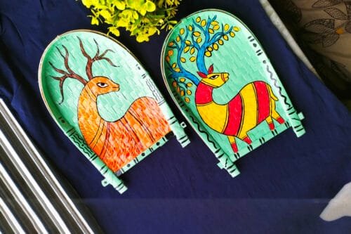 Gond Art Decorative Bamboo Kula - Deer Art | Home Decor | Handpainted | Wall Hanging Handicraft | 8 inch | Combo Set of 2 - Image 3