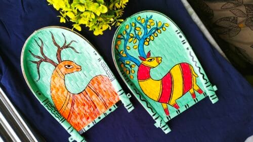 Gond Art Decorative Bamboo Kula - Deer Art | Home Decor | Handpainted | Wall Hanging Handicraft | 8 inch | Combo Set of 2