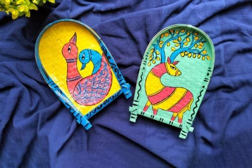 Gond Art Decorative Bamboo Kula - Animal Art | Home Decor | Handpainted | Wall Hanging Handicraft | 8 inch | Combo Set of 2