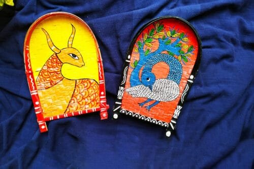 Special Gond Art Decorative Bamboo Kula - Animal Art | Home Decor | Handpainted | Wall Hanging Handicraft | 8 inch | Combo Set of 2