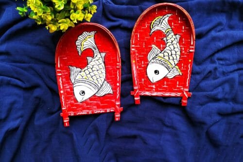 Madhubani Fish Art Decorative Bamboo Kula | Home Decor | Handpainted | Wall Hanging Handicraft | 8 inch | Combo Set of 2