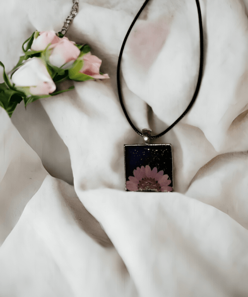 Midnight Petals: Square Botanical Jewellery Necklace with Purple Daizy Natural Floral Delight, flower jewellery