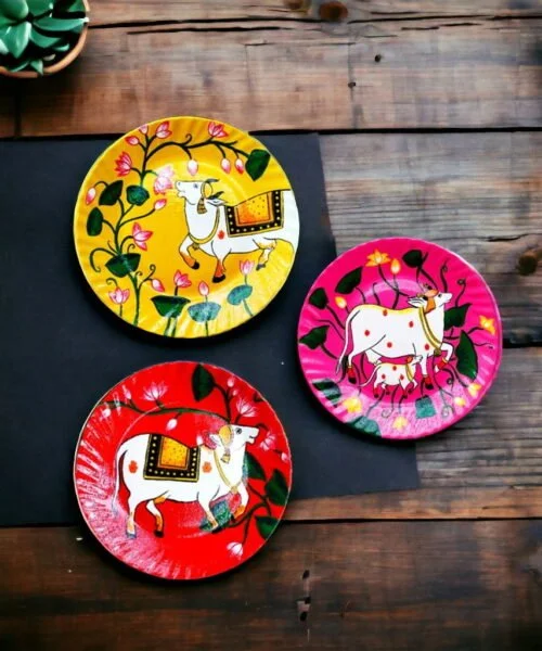 Graceful Pichwai Cow Decor Plate Trio | Home Decor | Wall Hanging | 10 inch | Set of 3 Art Culture Decor Plates, Artwork, Bengali Art Culture Decor Plates, Combo Decor Plates, Decor Plates, Decorative Items, Decorative Plates, Decorative Wall Art, Drawing Room, Eco-Friendly, Handcrafted, Handicrafts, Handmade, Handpainted, Home Decor, Home Interior Decoration, Living Room, Melamine Decor Plates, Paintings, Pichwai Cow, Pichwai Cow Decor Plates, Religious Decor Plates, Wall Art, Wall Decor, Wall Hanging, Wall Plates