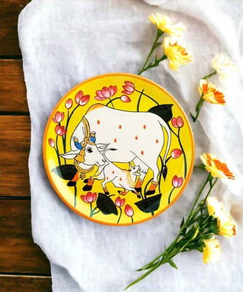 Magnificent Pichwai Cow Decor Plate | Yellow | Home Decor | Wall Hanging | 10 inch Art Culture Decor Plates, Artwork, Bengali Art Culture Decor Plates, Decor Plates, Decorative Items, Decorative Plates, Decorative Wall Art, Drawing Room, Eco-Friendly, Handcrafted, Handicrafts, Handmade, Handpainted, Home Decor, Home Interior Decoration, Living Room, Melamine Decor Plates, Paintings, Pichwai Cow, Pichwai Cow Decor Plates, Religious Decor Plates, Wall Art, Wall Decor, Wall Hanging, Wall Plates